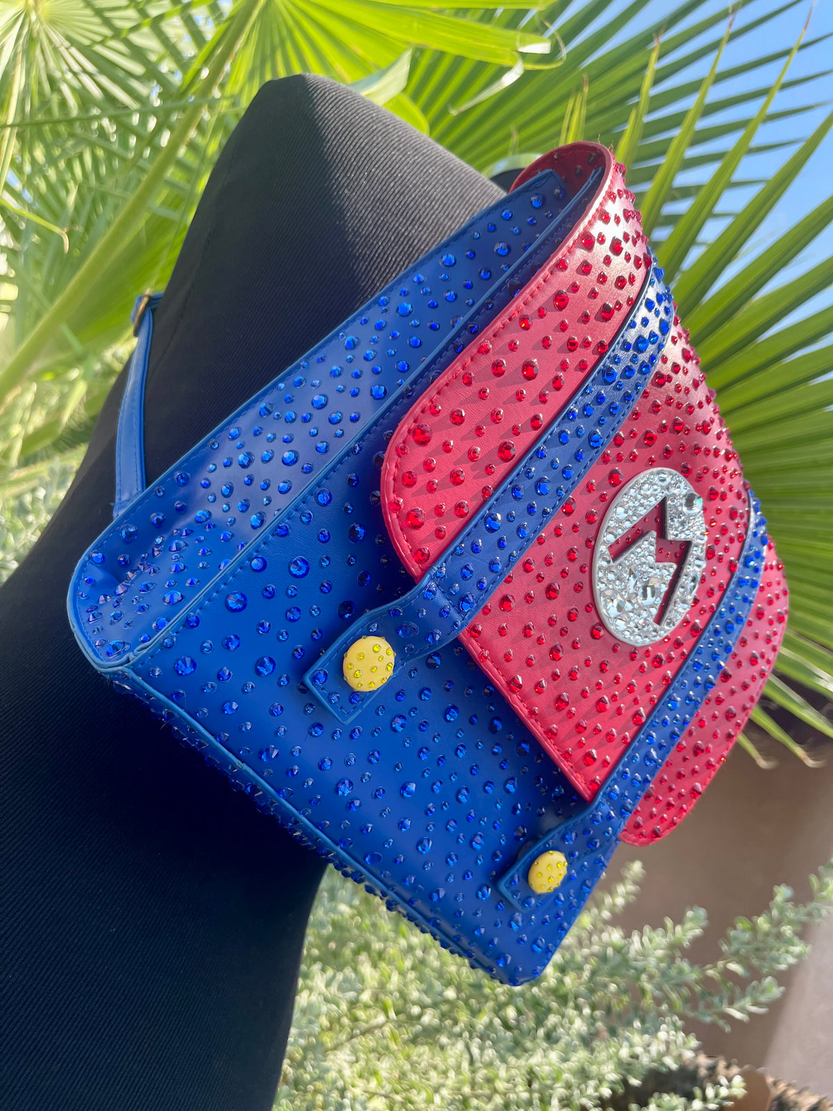 Blue and red handbag customized with Looking Glass Gems rhinestones against a green leafy background